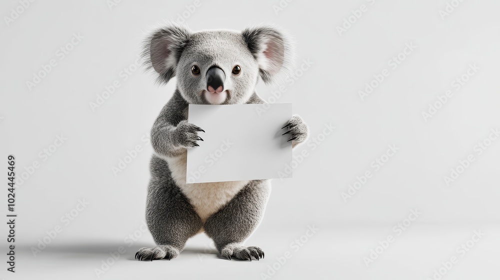 Cute 3D Koala Holding Blank Sign on Hind Legs in Neutral Light - Animal Character Design Concept Cute 3D Koala Holding Blank Sign on Hind Legs in Neutral Light - Animal Character Design Concept