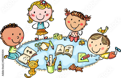 Cartoon kindergarten kids playing on the carpet. Children do creative activity. Little boys and girls enjoy crafting together