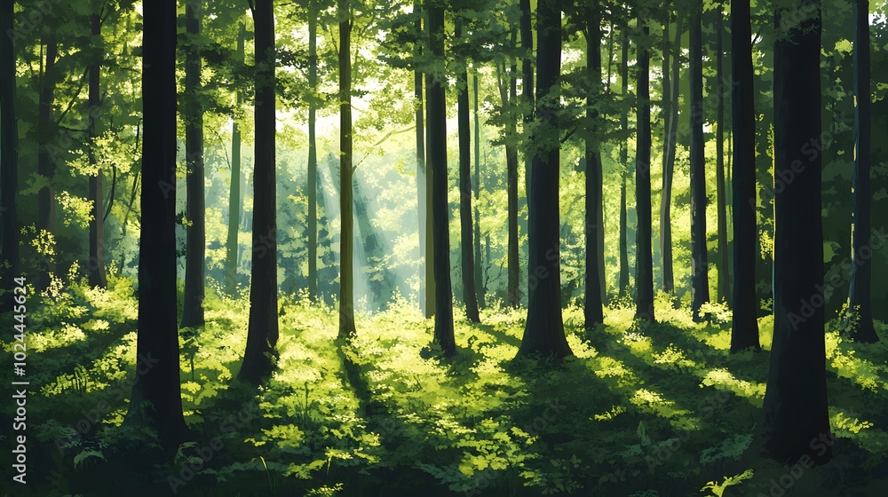 Fototapeta premium Sunlight Filtering Through Dense Forest Canopy