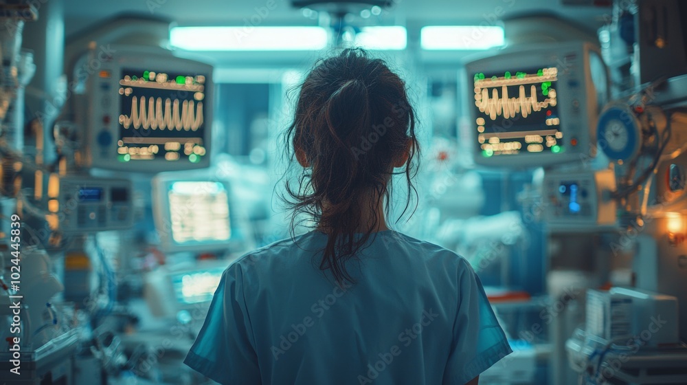 Doctor or nurse monitoring patient with medical equipment in ICU Doctor or nurse monitoring patient with medical equipment in ICU