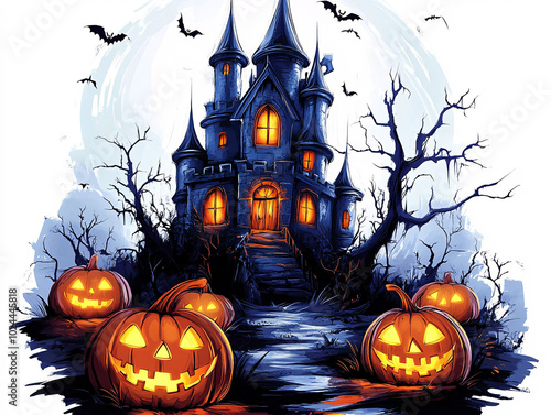 Halloween themed illustration of a haunted castle with jack-o-lanterns lining the entrance. photo