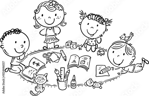 Cartoon kindergarten kids playing on the carpet. Children do creative activity. Little boys and girls enjoy crafting together. Outline illustration, coloring page