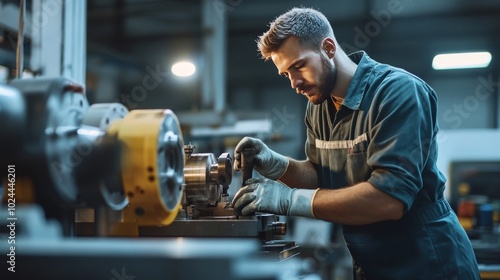 Man working on lathe.