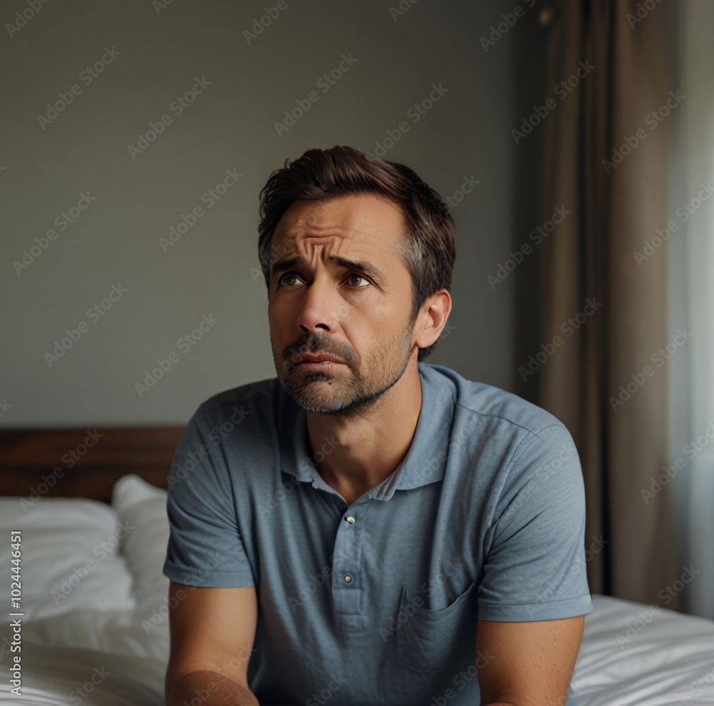 Anxious man at home sitting on bed and looking away Anxious man at home sitting on bed and looking away