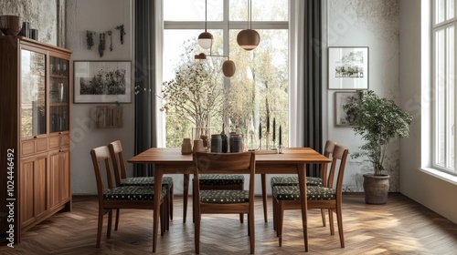 Table and chairs made of wood in a dining room.