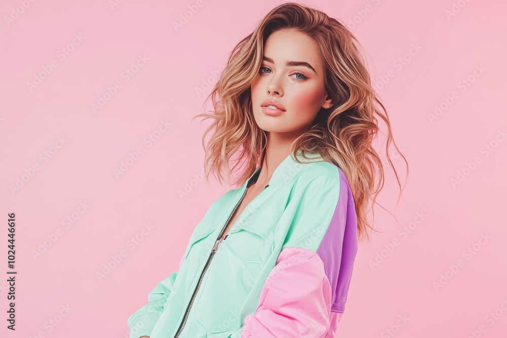 A stylish young woman poses confidently against a pastel pink background A stylish young woman poses confidently against a pastel pink background