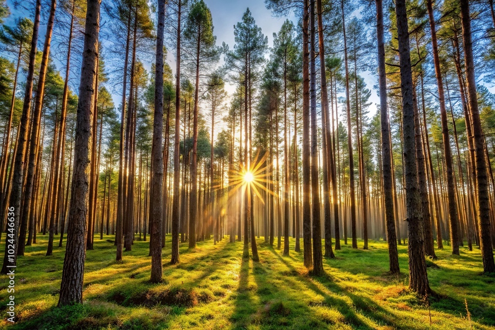 Fototapeta premium Low evening sun shining through tall pine trees in forest Depth of Field