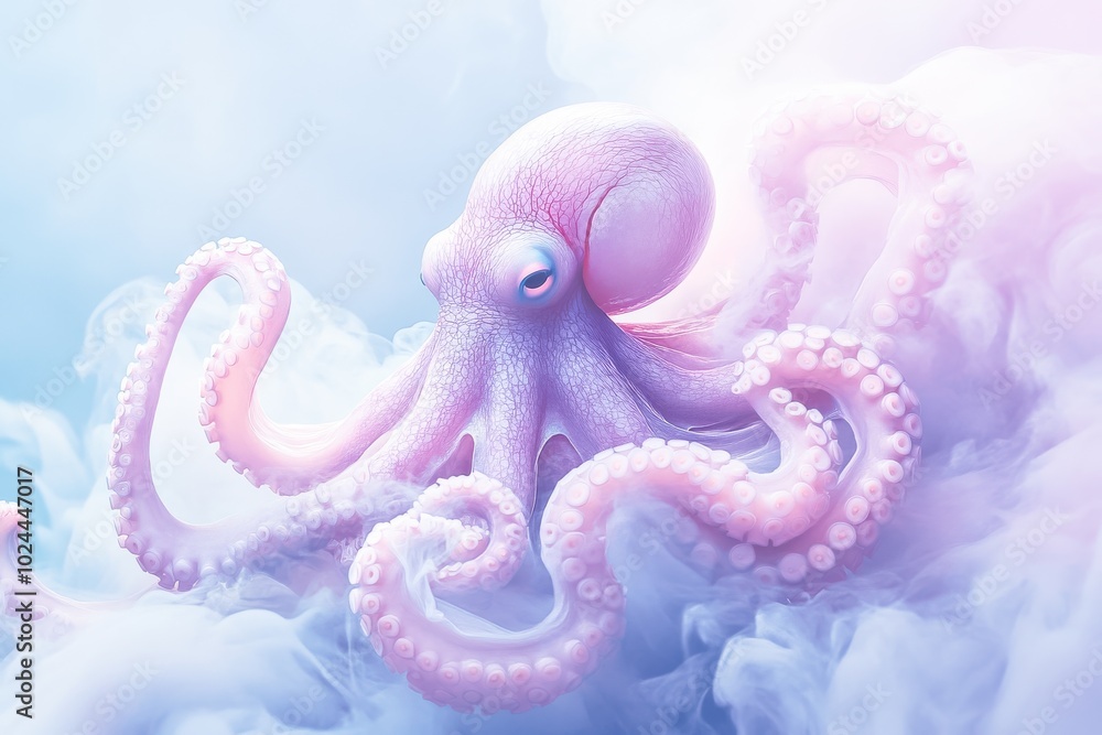 A surreal scene featuring a soft pink and purple octopus gracefully perched atop swirling clouds A surreal scene featuring a soft pink and purple octopus gracefully perched atop swirling clouds