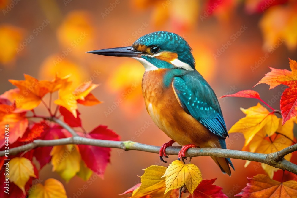 Obraz premium Amidst the rich autumn palette, a Female Common Kingfisher sits elegantly on a branch, showcasing the stunning interplay of nature and wildlife photography.