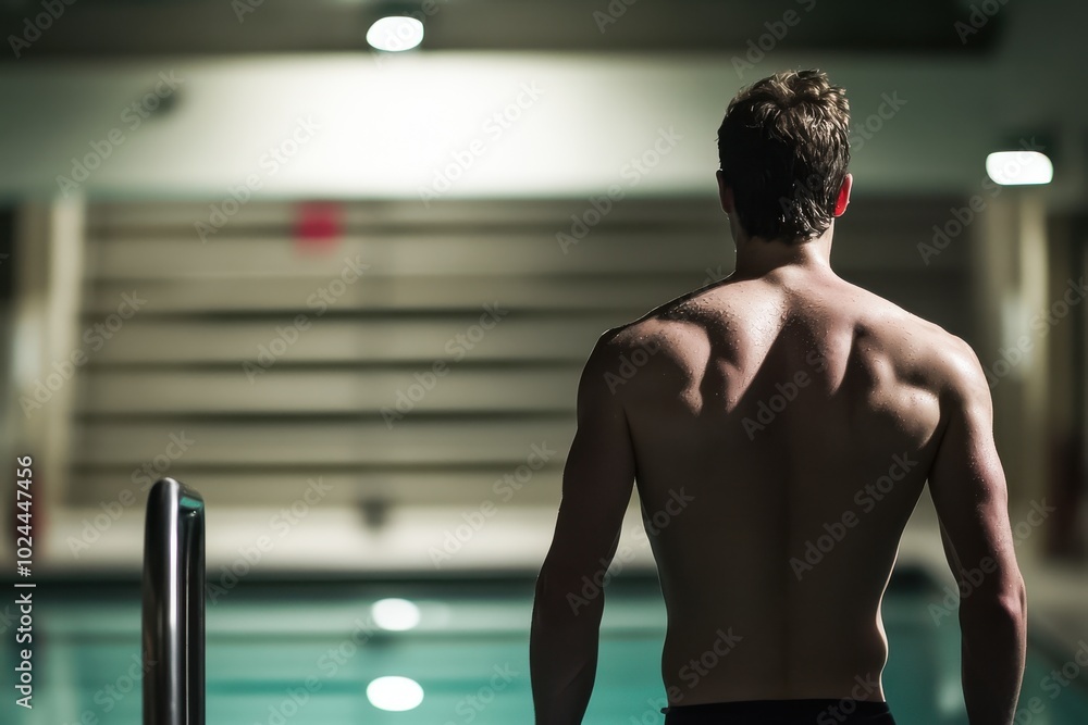 A swimmer prepares to dive into a pool, standing on the edge of a high diving platform A swimmer prepares to dive into a pool, standing on the edge of a high diving platform