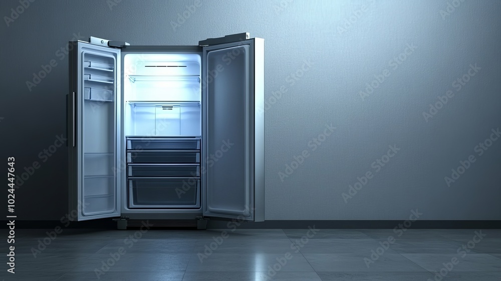 An empty refrigerator stands open, revealing its barren interior. The sterile gray background heightens the sense of emptiness and desolation, emphasizing the lack of food and nourishment. An empty refrigerator stands open, revealing its barren interior. The sterile gray background heightens the sense of emptiness and desolation, emphasizing the lack of food and nourishment.