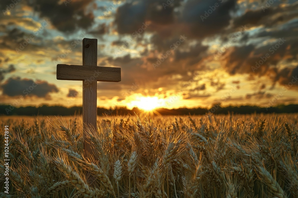Wooden Cross Standing in a Wheat Field at Sunset Wooden Cross Standing in a Wheat Field at Sunset