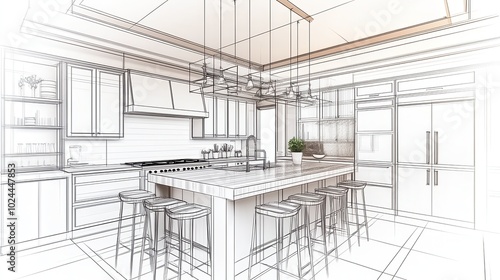 A technical line drawing of a modern kitchen layout, showcasing the countertops, cabinets