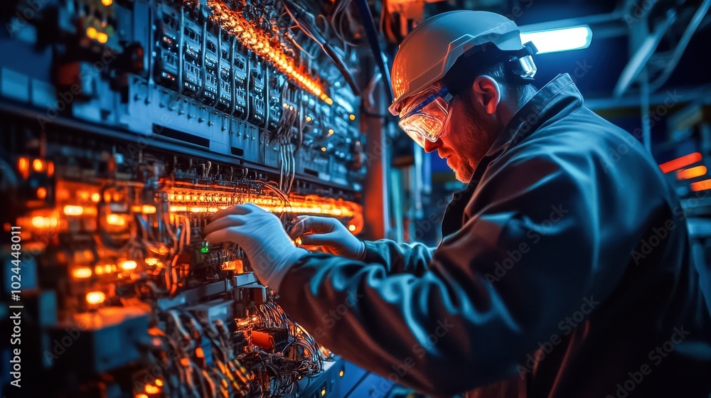 A technician in protective gear works on an intricate array of glowing electrical systems A technician in protective gear works on an intricate array of glowing electrical systems