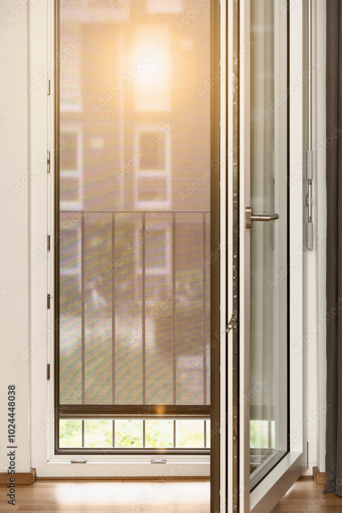 Roller Blinds Outdoor Closing on Open Window. Modern Sun Protection Shades on Large Window Door. Roller Blinds Outdoor Closing on Open Window. Modern Sun Protection Shades on Large Window Door.