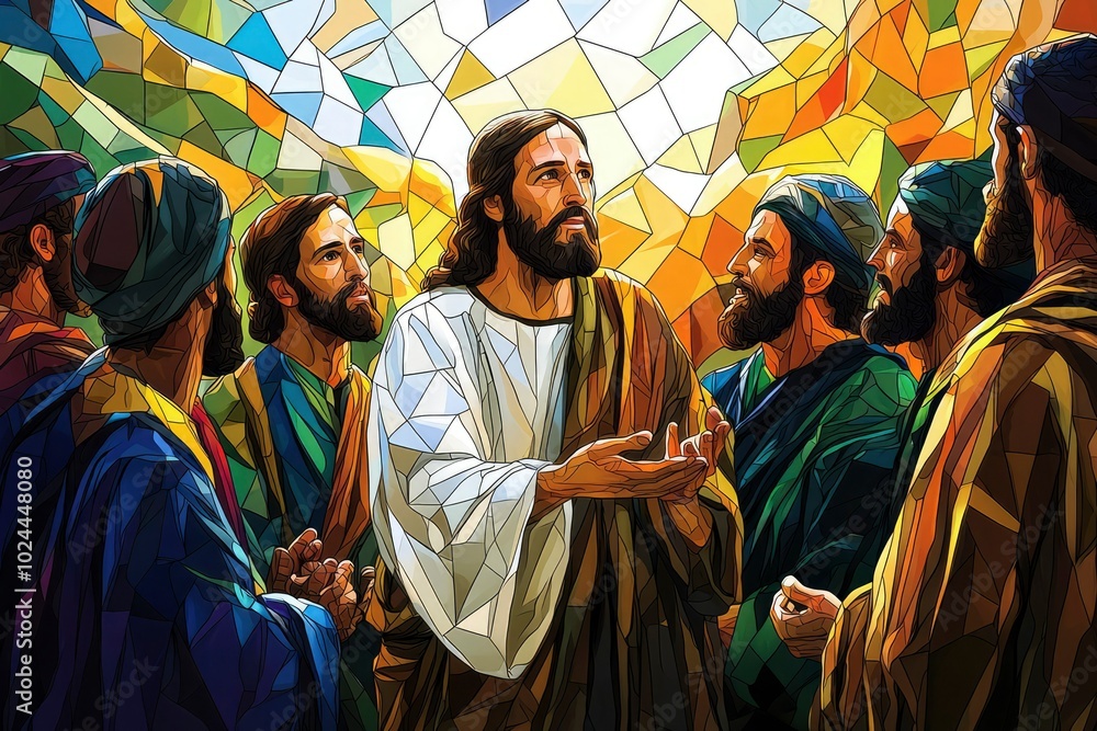 Obraz premium Jesus Christ Teaching His Disciples in a Stained Glass Style