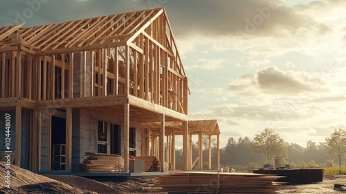 A New Home Under Construction with Wooden Framing and a Sunny Sky