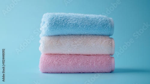 Stack of three soft pastel-colored towels against a blue background