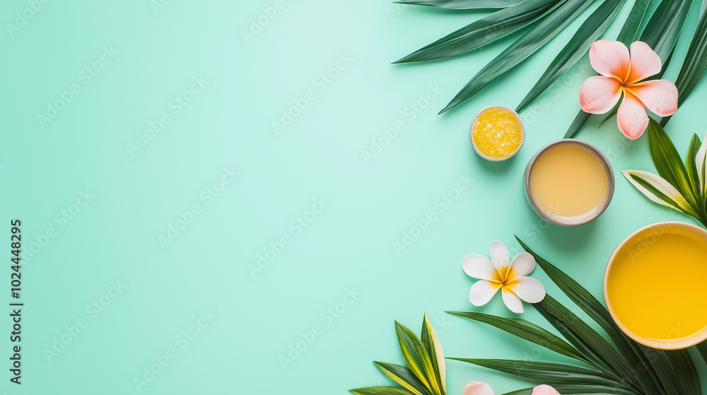 Obraz premium A tranquil setting showcases essential oils, creams, and tropical plants, highlighting their significance in enhancing psychological health and self-care, copy space