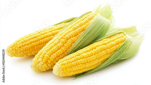 An isolated fresh sweet corn on a white background. The close-up view highlights the corn's vibrant yellow and green texture, showcasing its ripeness and readiness to be enjoyed