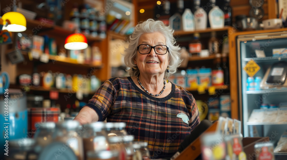 A woman standing behind a counter in a store A woman standing behind a counter in a store