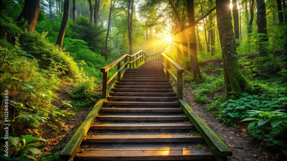 Lush forest path at sunrise with tilted angle Lush forest path at sunrise with tilted angle