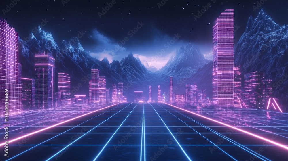 A Futuristic Cityscape with Neon Towers and Mountains under a Starry Sky A Futuristic Cityscape with Neon Towers and Mountains under a Starry Sky