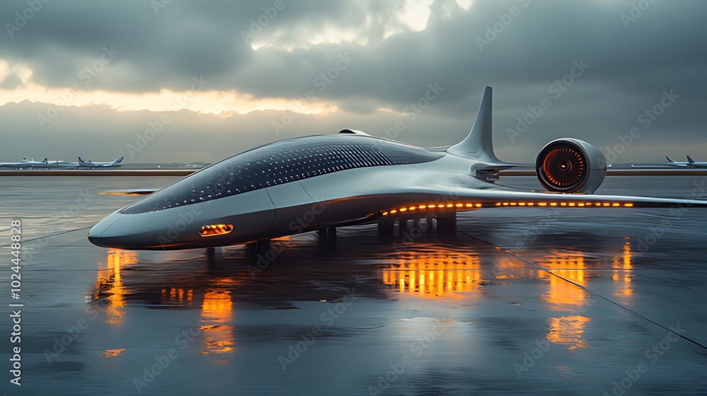 Futuristic airplane on the runway with a cloudy sky and a wet, reflective surface. Futuristic airplane on the runway with a cloudy sky and a wet, reflective surface.