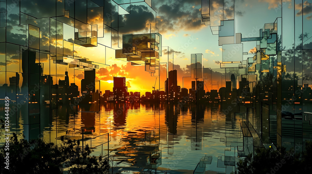 A cityscape with a reflection of a city in the water A cityscape with a reflection of a city in the water
