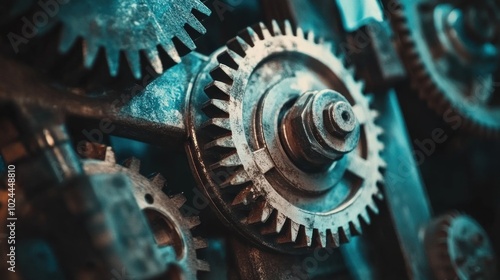 Close-up of rusty industrial gears interlocked and working