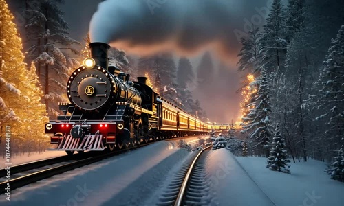 A vintage steam train decorated with twinkling lights speeds through a snowy winter forest.