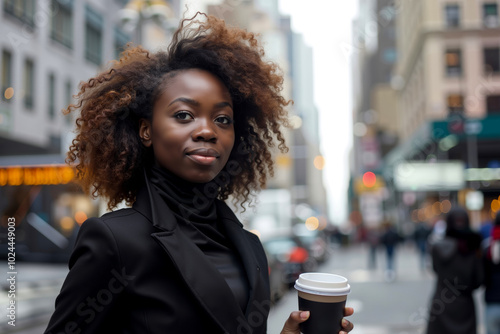 A woman holding a cup of coffee in the middle of a city photo