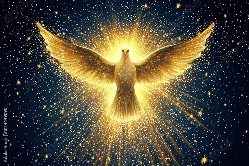 A Golden Dove with Outspread Wings Surrounded by Light and Stars