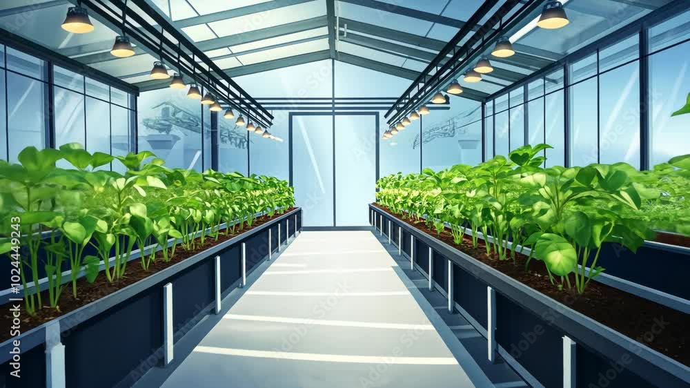 A greenhouse with rows of plants growing under artificial lights A greenhouse with rows of plants growing under artificial lights