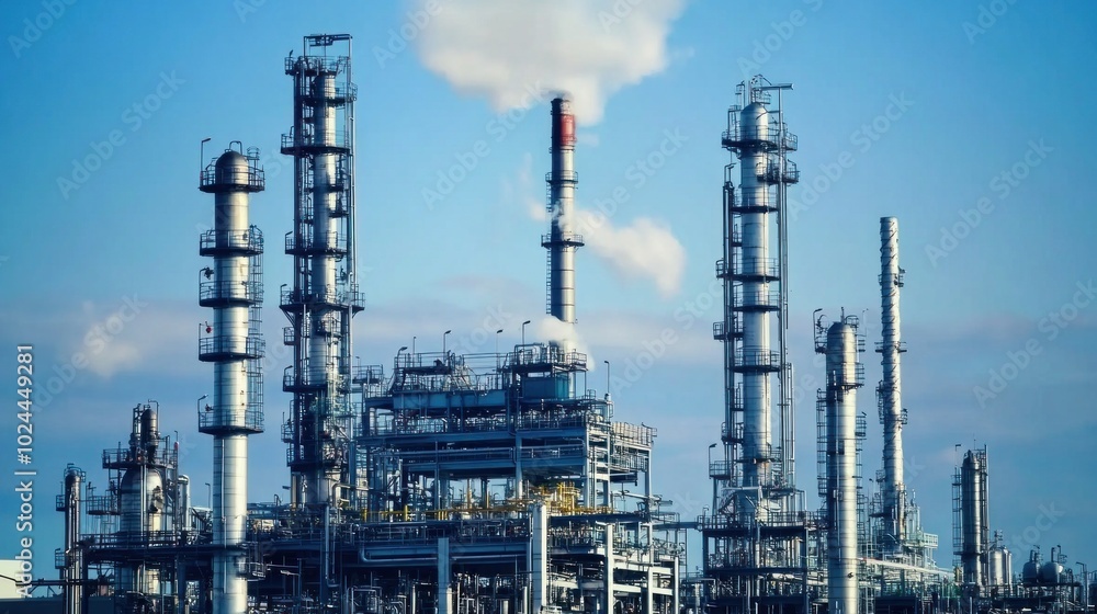 Industrial complex with tall chimneys emitting smoke against Industrial complex with tall chimneys emitting smoke against