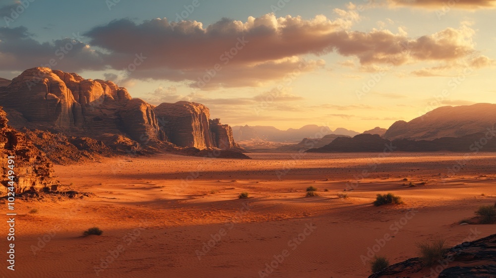 Naklejka premium A vast desert landscape with towering mountains