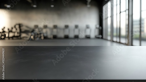  Black table top with gym background for product. Empty countertop mockup for sports nutrition or equipment. 