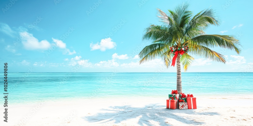 Fototapeta premium A tropical beach setting with a single palm tree decorated with Christmas presents beneath