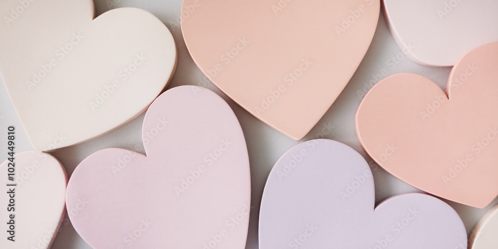 A close-up view of minimalist heart shapes in soft pastel colors such as light pink, peach, and soft lavender. The clean lines and simple designs reflect a Scandinavian approach to Valentine’s Day. A close-up view of minimalist heart shapes in soft pastel colors such as light pink, peach, and soft lavender. The clean lines and simple designs reflect a Scandinavian approach to Valentine’s Day.