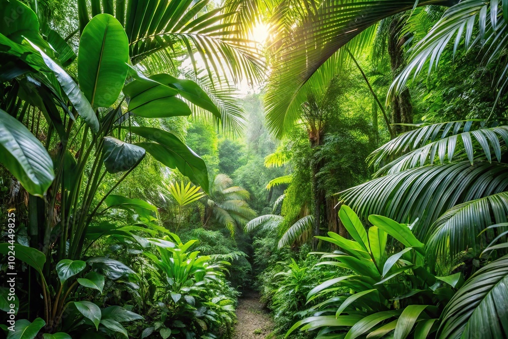 Naklejka premium Lush green foliage in tropical jungle with leading lines