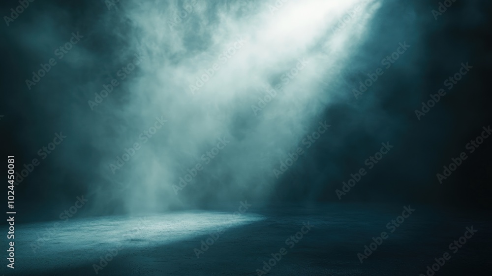 A dimly lit space with fog and light beams creating a mysterious atmosphere. A dimly lit space with fog and light beams creating a mysterious atmosphere.