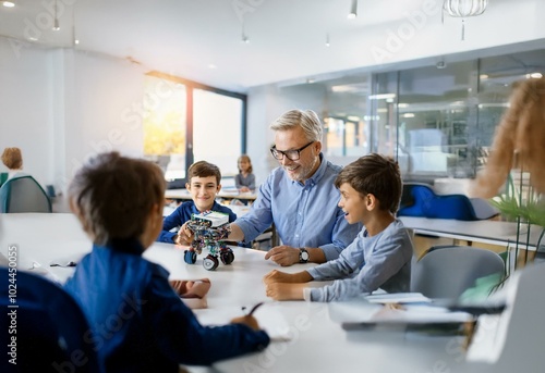 A man in a blue striped shirt interacts with three students over a robot.