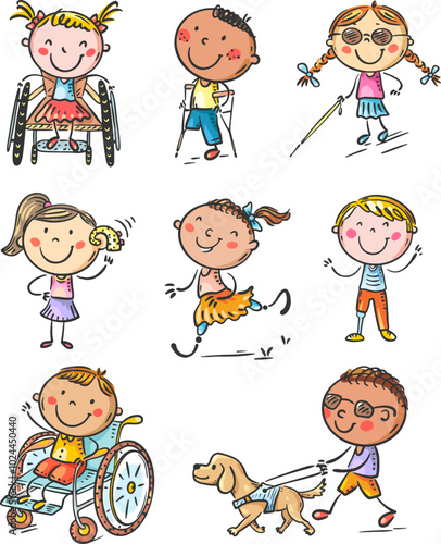 Set of cartoon cute disabled kids with special needs, disability children. Girls and boys with deafness, blindness, amputated limbs