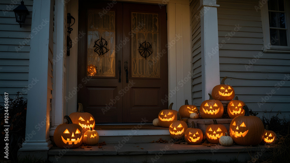 Obraz premium Conceptual image of a front door decorated for Halloween, featuring a wreath made of autumn leaves and a carved pumpkin on the steps. 