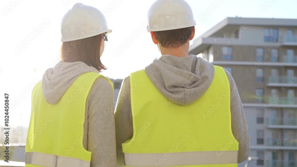 Two architects wearing safety hard hats and vests holding blueprint and discussing construction site project at sunrise, back view. Architecture, engineering and teamwork concept Two architects wearing safety hard hats and vests holding blueprint and discussing construction site project at sunrise, back view. Architecture, engineering and teamwork concept
