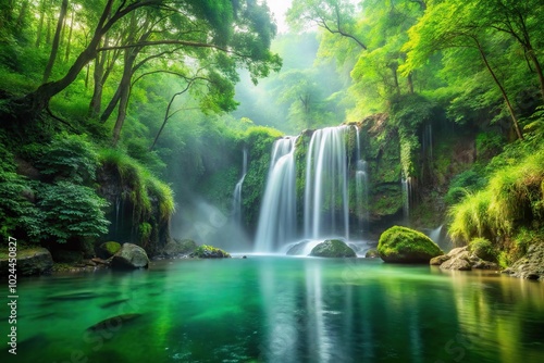 Lush green forested waterfall cascading into a misty pool