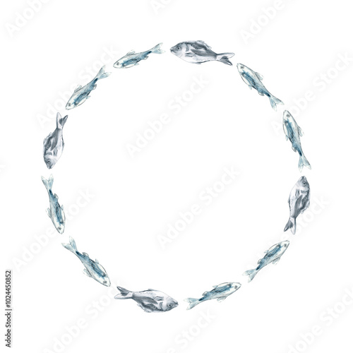 Wallpaper Mural Round border of floating fish in circular stripe, made in watercolor. Flock of small and large fish swimming in the same direction are depicted in the form of circle, ring, frame. Shiny fish scales Torontodigital.ca