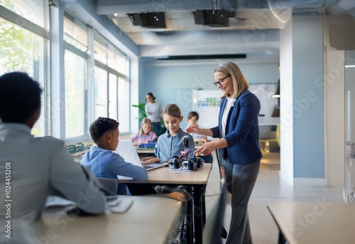 A teacher in a classroom stands near a student working on a robotics project with a laptop.