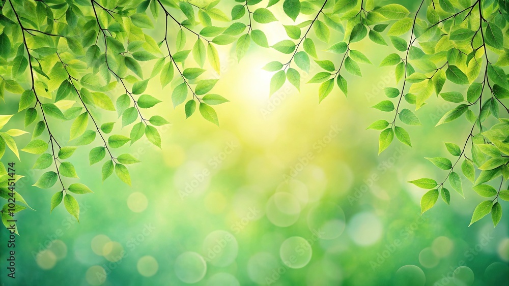 Lush green leafy branches on soft pastel background during bright natural light panoramic Lush green leafy branches on soft pastel background during bright natural light panoramic