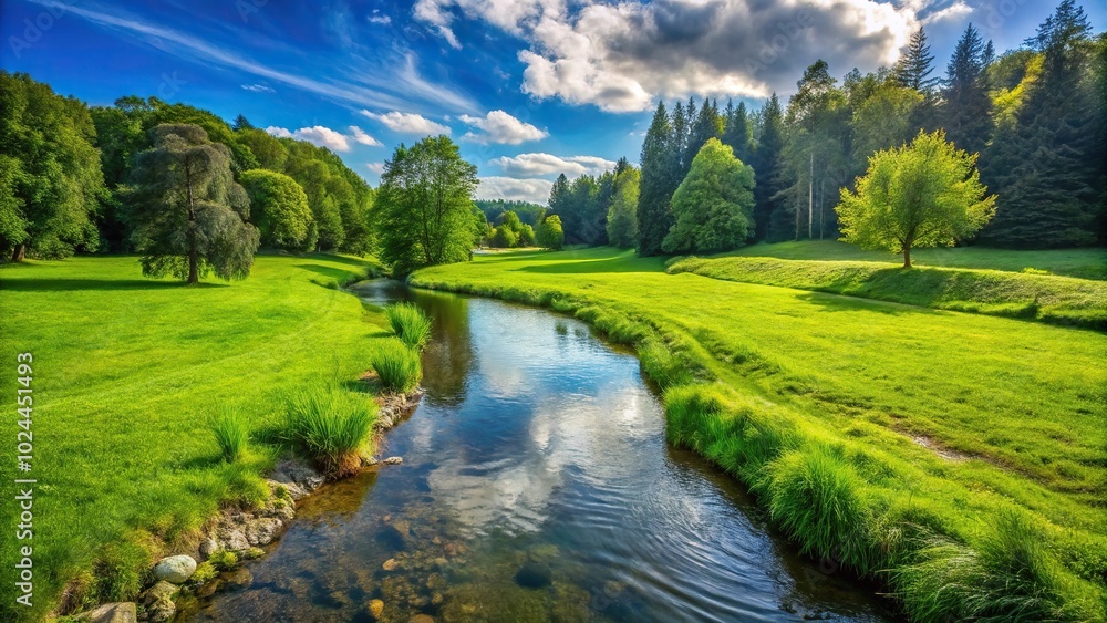 Lush green lawn by flowing stream Lush green lawn by flowing stream